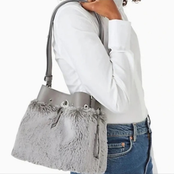 kate spade Handbags - NWOT Kate Spade Eva Faux Fur Bucket Crossbody Bag Grey & dust bag, care booklet